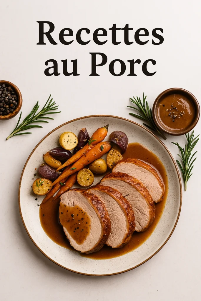 Plat de porc rôti accompagné de légumes et sauce, visuel de la catégorie Recettes au Porc – Bienêtre Simply
