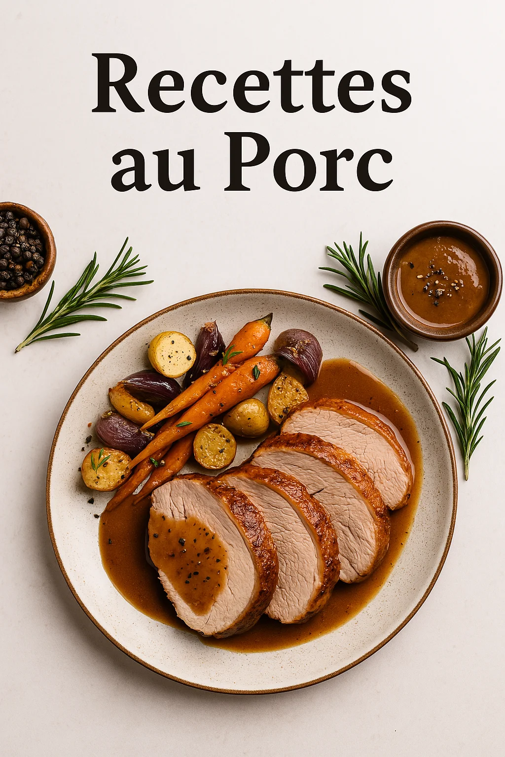 Plat de porc rôti accompagné de légumes et sauce, visuel de la catégorie Recettes au Porc – Bienêtre Simply