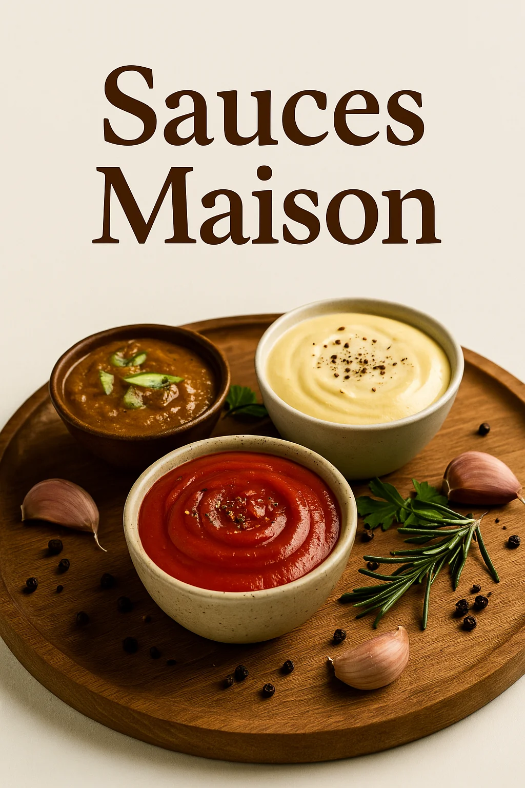 Assortiment de sauces maison dans des bols en bois avec herbes fraîches – visuel de la catégorie Sauces Maison – Bienêtre Simply